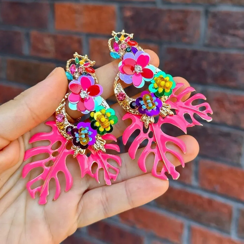 Zara Monstera Leaf Tropical Statement Drop Earrings - Picture 8 of 10